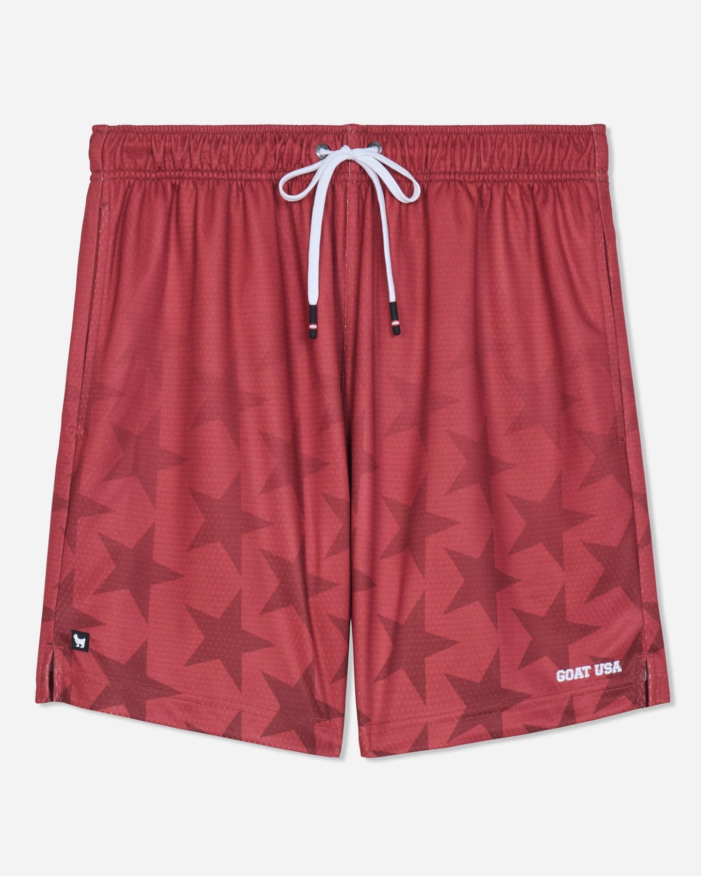 Front of red mesh shorts with a star pattern#color_tomato