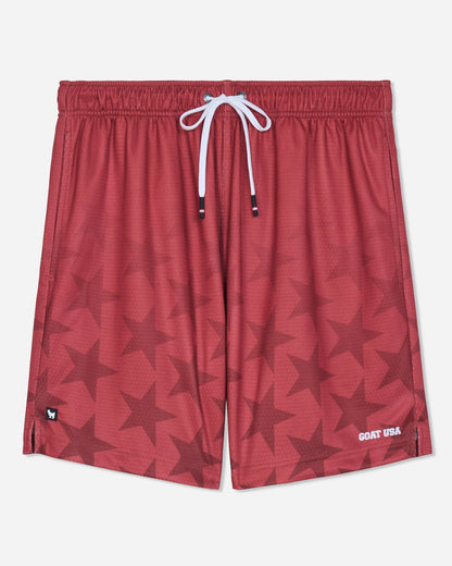 Front of red mesh shorts with a star pattern#color_tomato