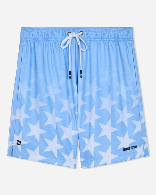 Front of carolina blue mesh shorts with a star pattern#color_carolina-blue