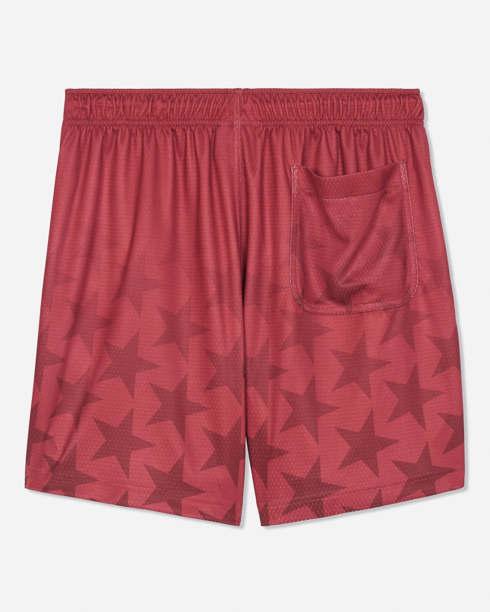 Back of red mesh shorts with a star pattern#color_tomato