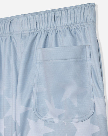 Close-up of back pocket on gray mesh shorts with a star pattern#color_gray