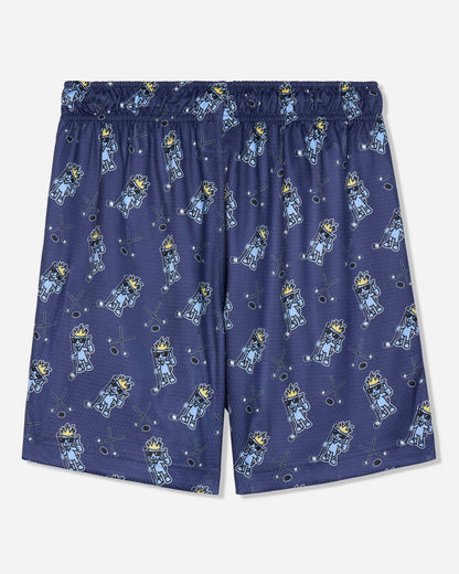 Back of navy mesh shorts with blue goat and hockey design