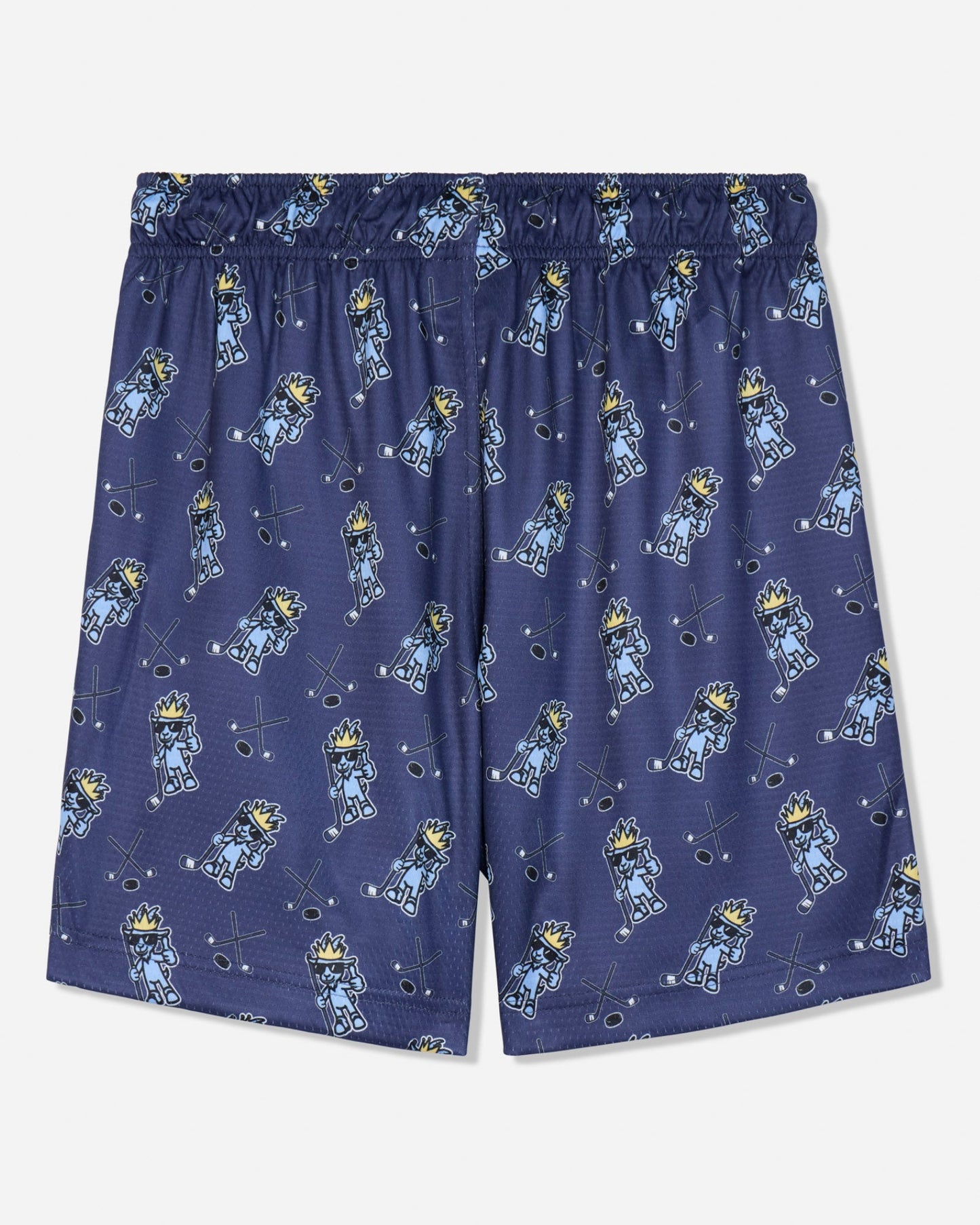 Back of navy mesh shorts with blue goat and hockey design