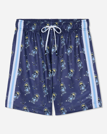 Front of navy mesh shorts with blue goat and hockey design