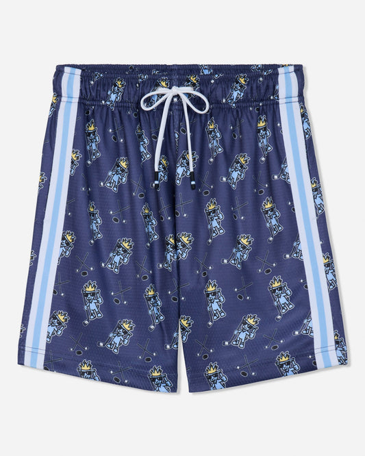 Front of navy mesh shorts with blue goat and hockey design