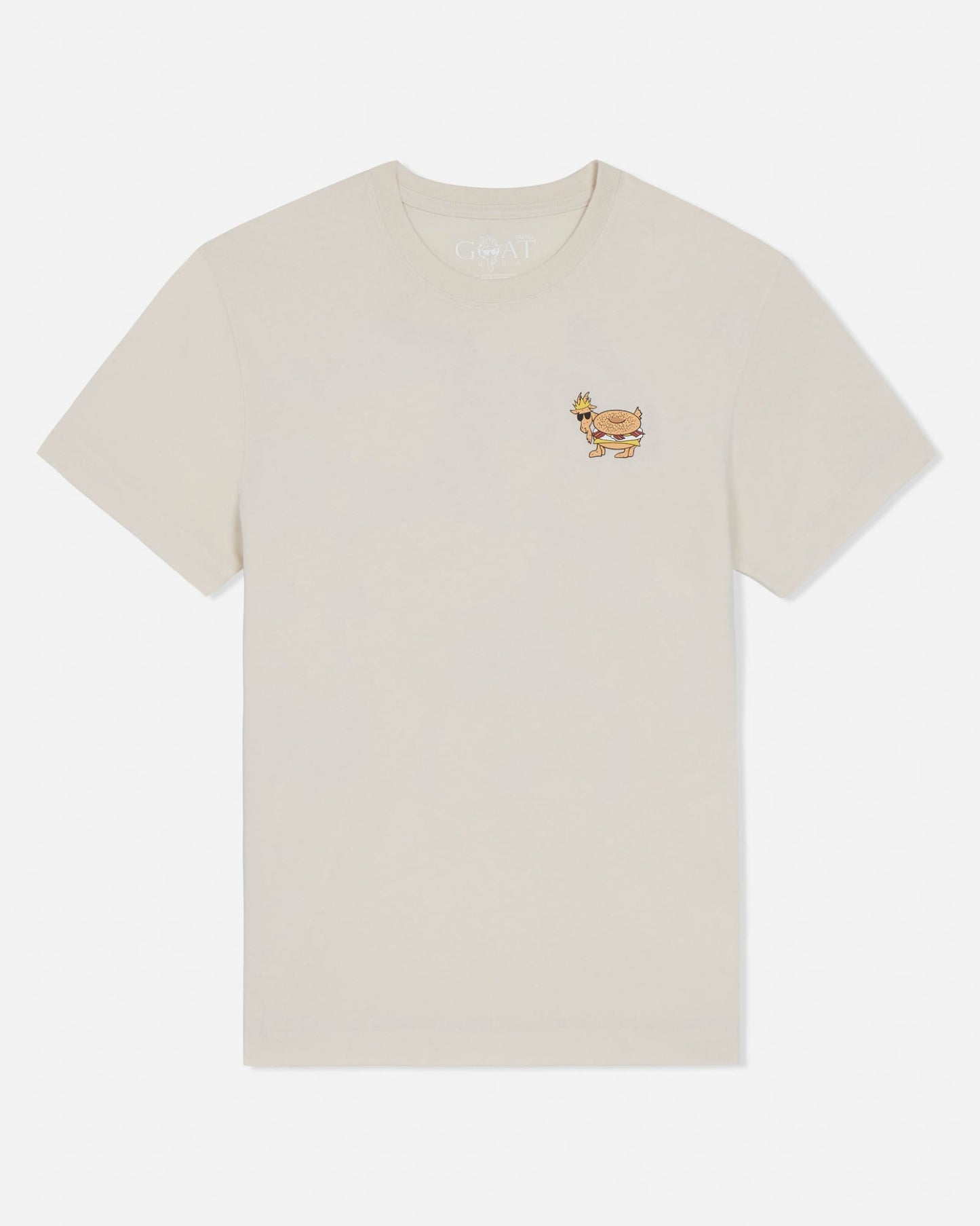Beige t-shirt with a small embroidered design on a white background