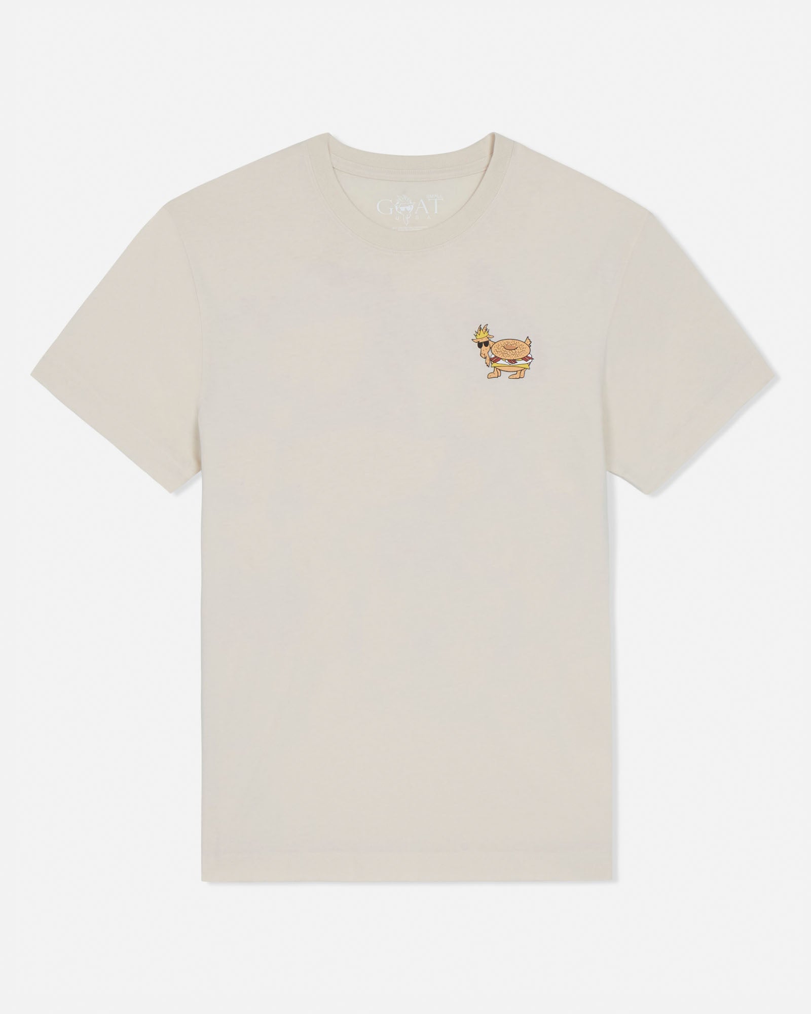 Beige t-shirt with a small embroidered design on a white background