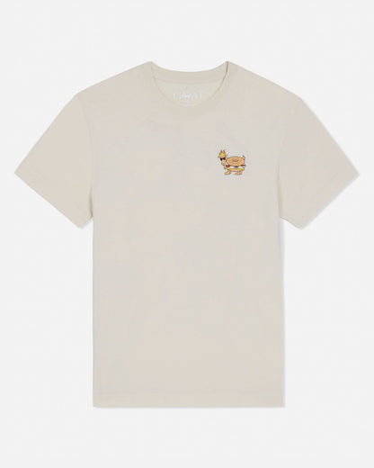 Beige t-shirt with a small embroidered design on a white background