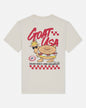 Beige t-shirt with a cartoon goat wearing sunglasses and a crown, labeled 'GOAT USA', on a white background.