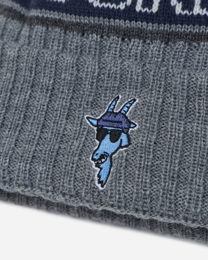 Close-up of a gray ribbed knit beanie with a blue embroidered goat mascot wearing sunglasses and a purple hat on the front cuff.