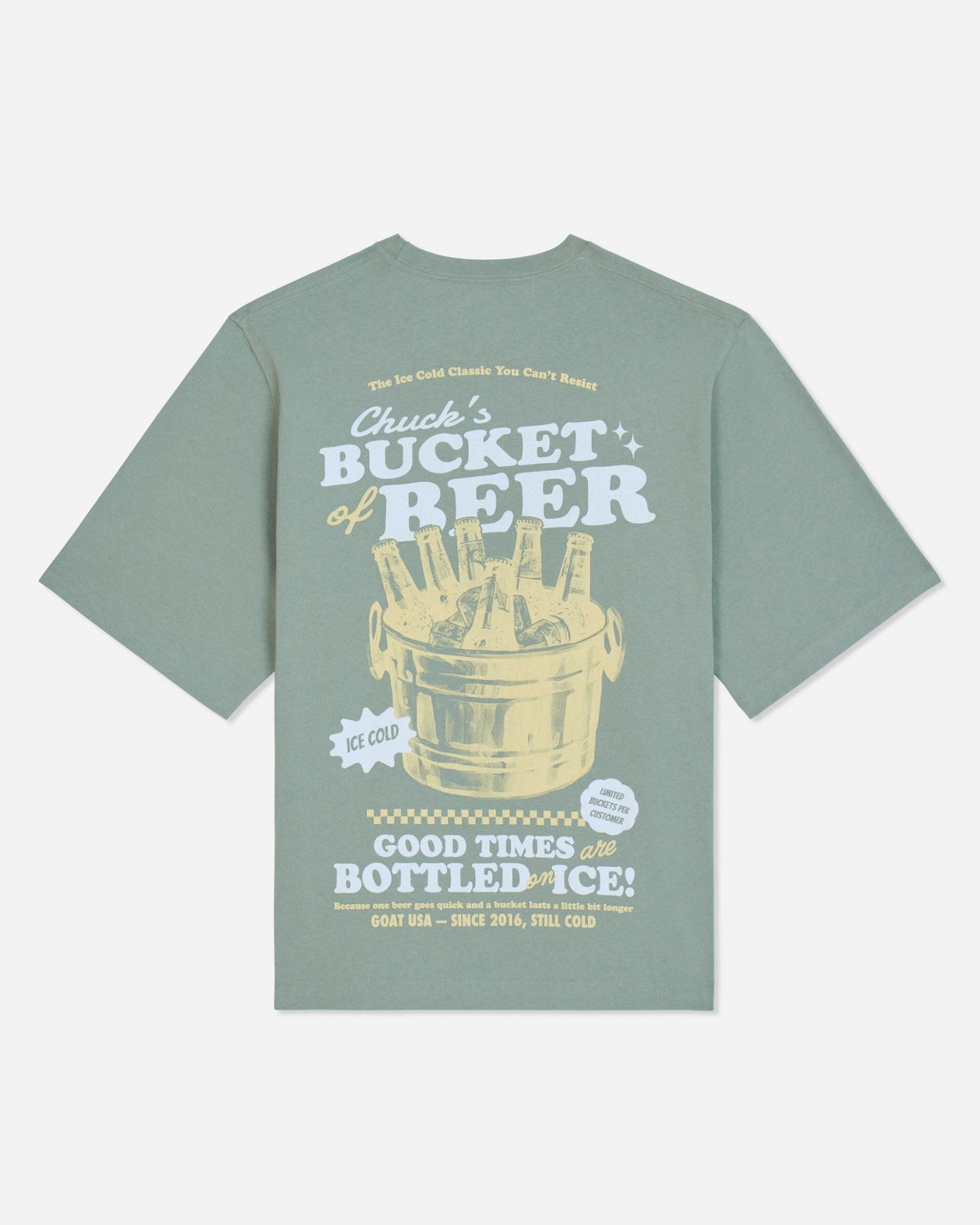Back of steeped sage t-shirt with bucket of beers graphic and various lines of text