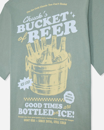 Close-up of steeped sage t-shirt with bucket of beers graphic and various lines of text