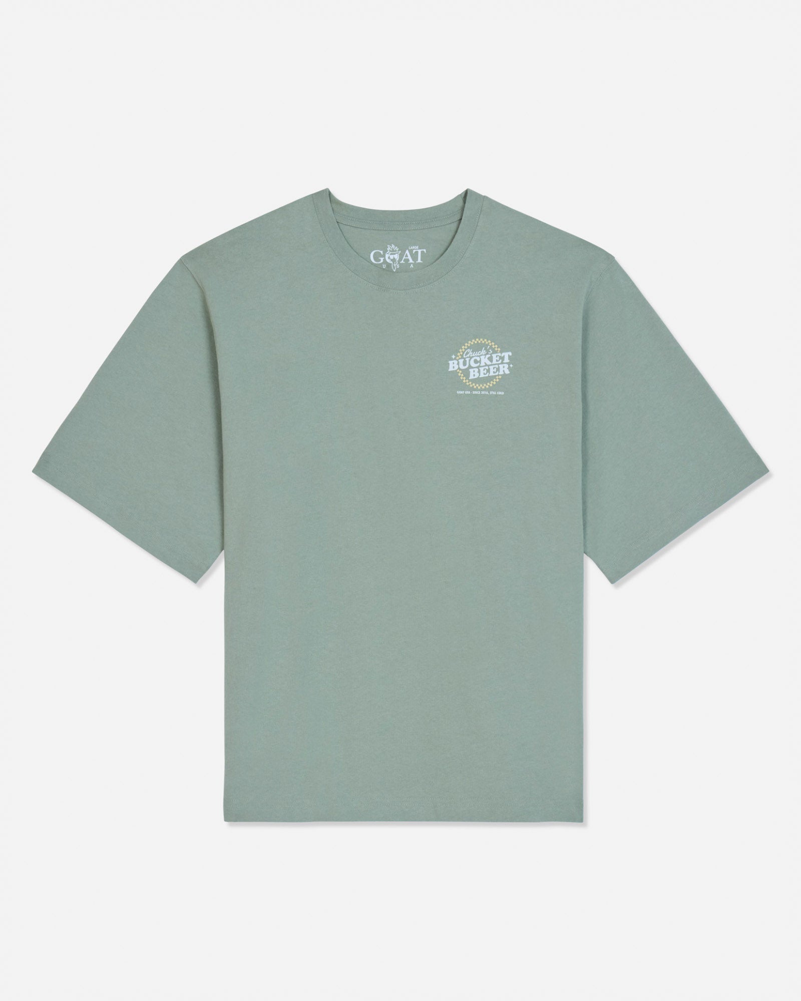Front of steeped sage t-shirt with 'Chuck's Bucket Beer' left-chest graphic