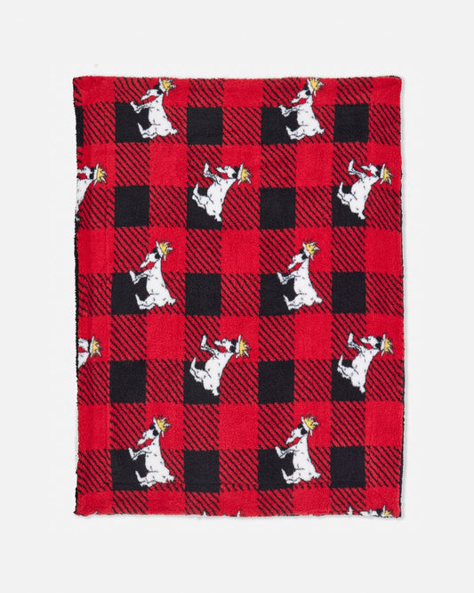 Red and black checkered blanket with cartoon goat design on a white background