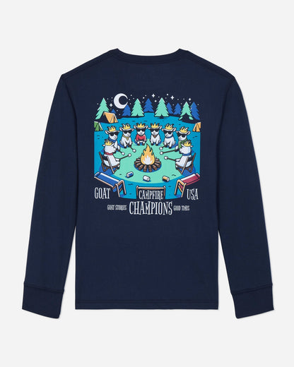 Navy long-sleeve shirt with a colorful graphic on the back against a light gray background