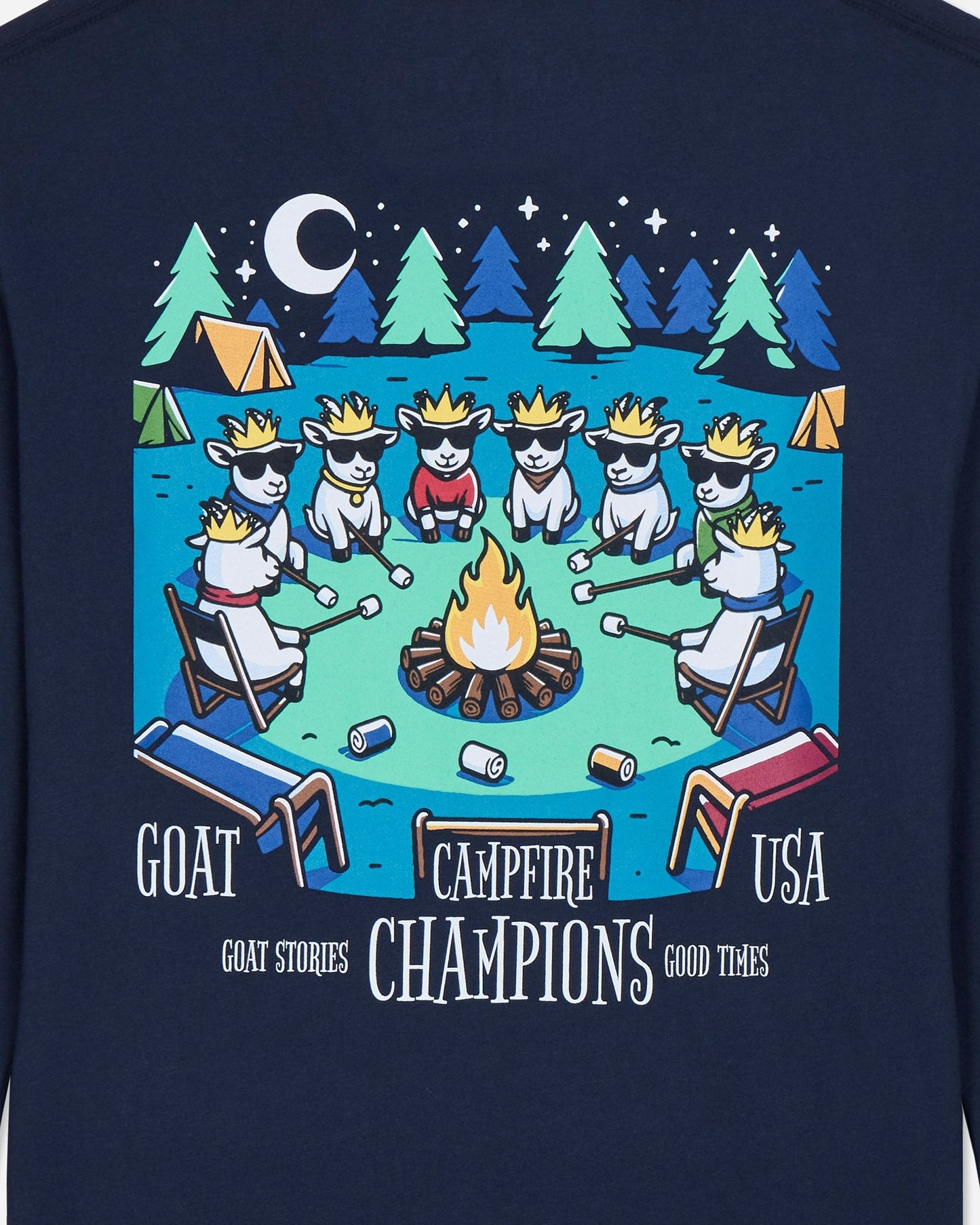 Navy blue long sleeve with a graphic of goats around a campfire and text 'GOAT  USA Campfire Champions'