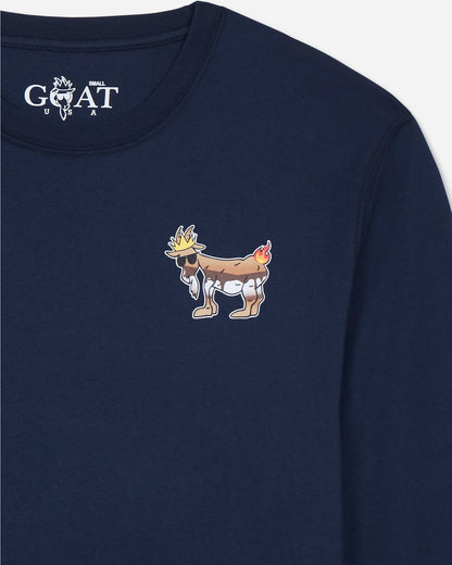 Navy blue long sleeve with a cartoon goat design and 'GOAT' logo on a light gray background