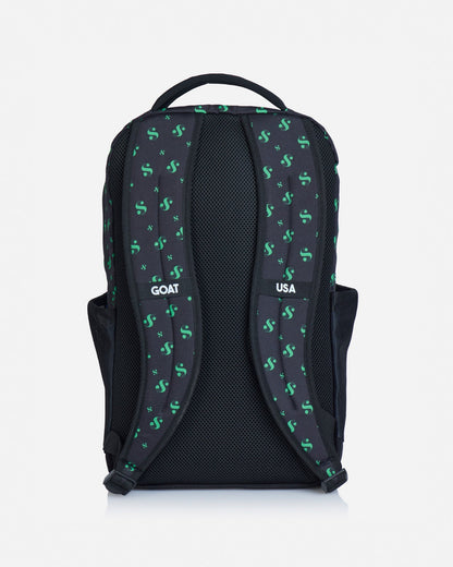 Back of black backpack with dollar sign pattern