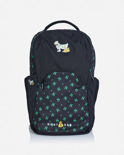 Front of black backpack featuring a goat with money bags and a dollar sign design
