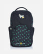 Front of black backpack featuring a goat with money bags and a dollar sign design