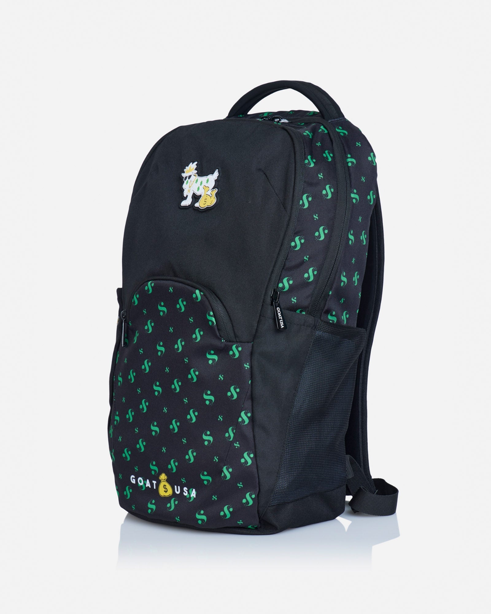 Angled view of black backpack featuring goat with money bags and a dollar sign pattern