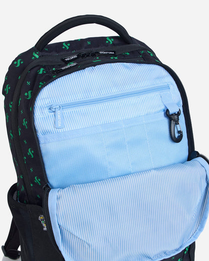 Secondary compartment of black backpack with dollar sign design