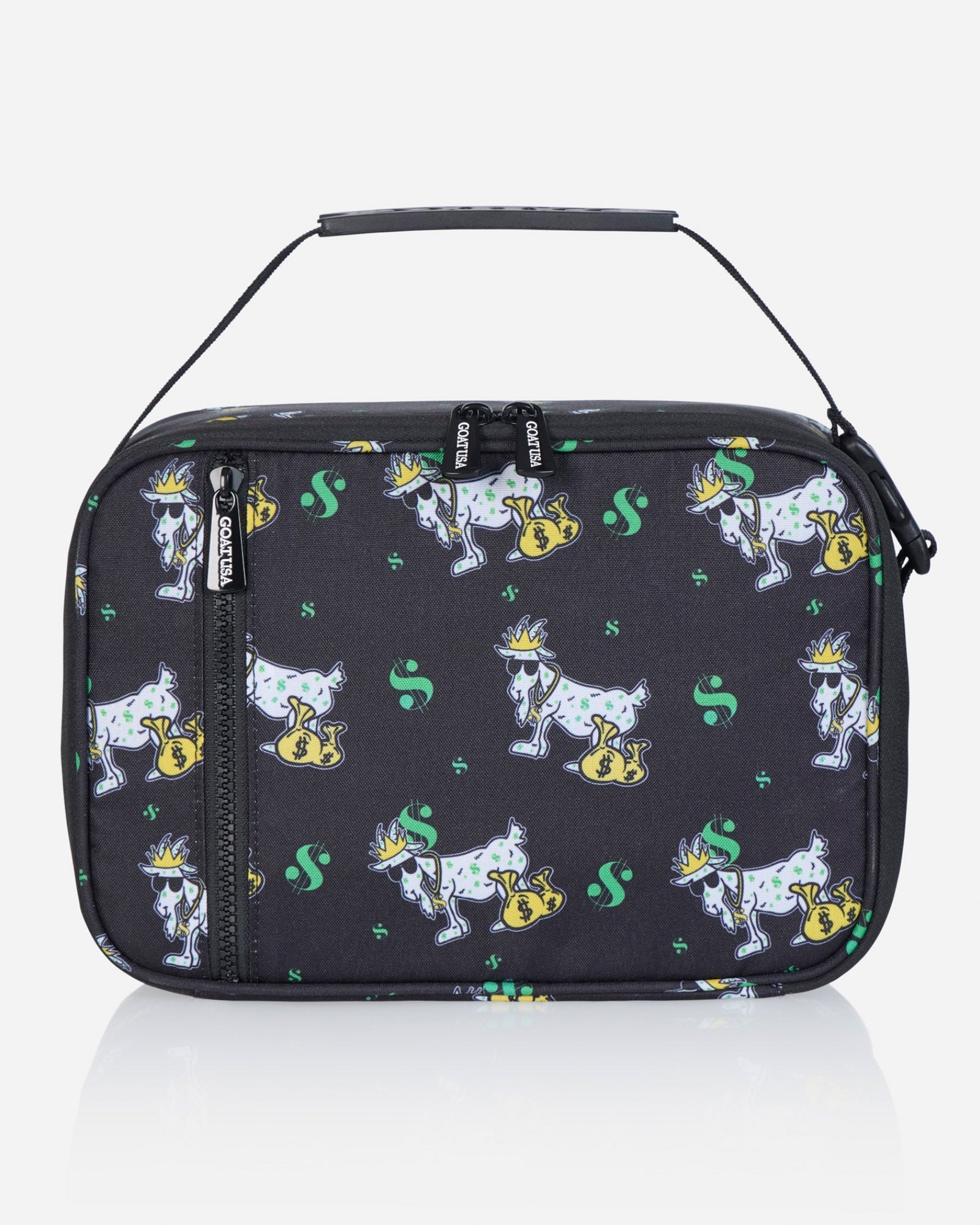 Front of black lunchbox with money goat design