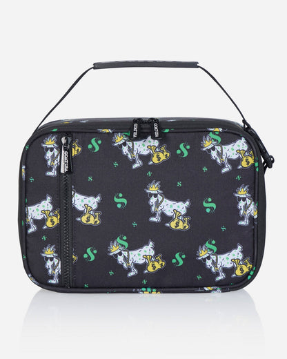 Front of black lunchbox with money goat design