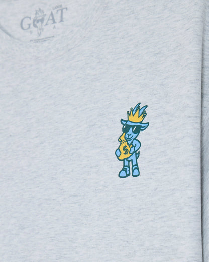 Goat holding money bag left-chest graphic on a gray t-shirt