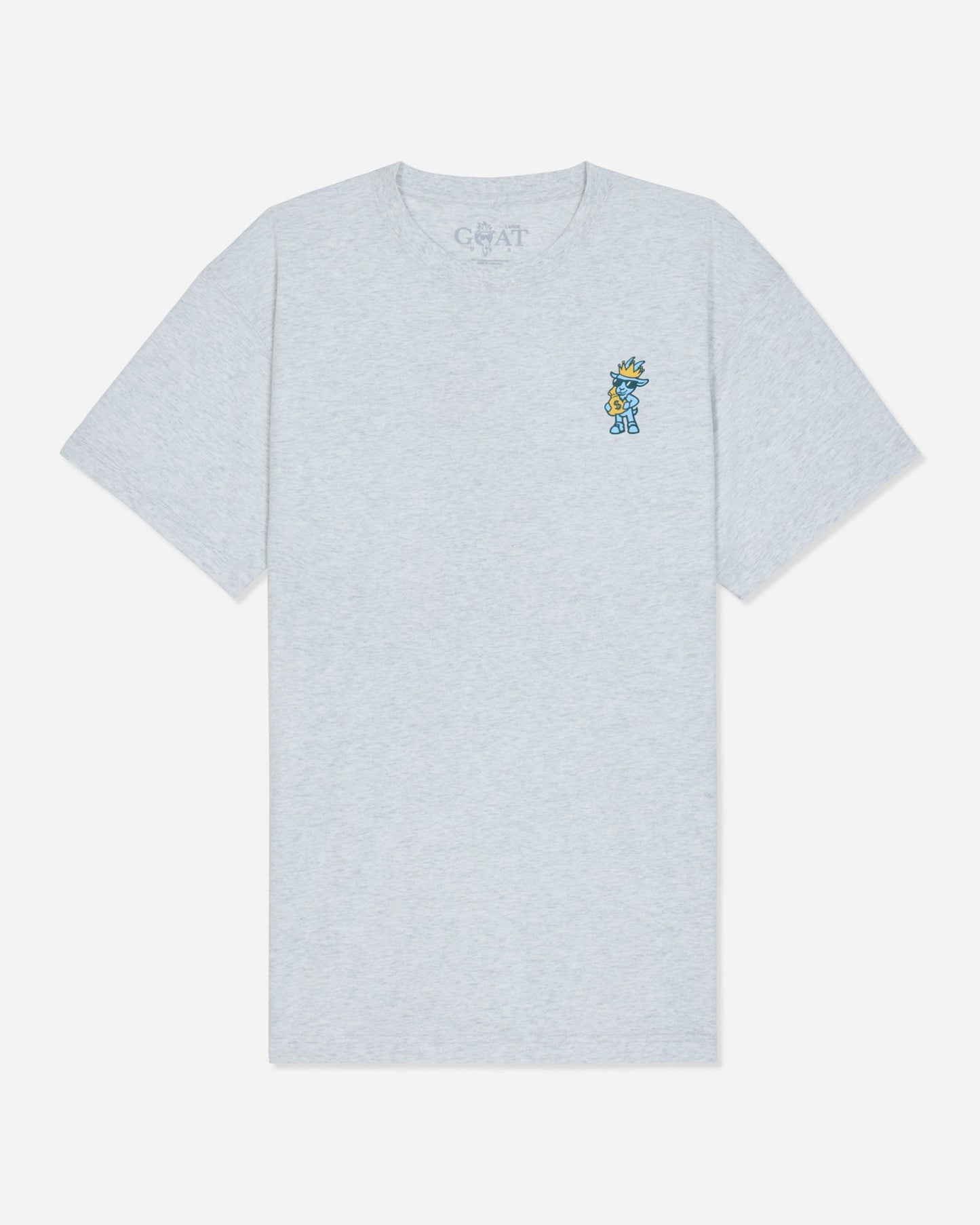 Front of gray t-shirt with goat holding a money bag left-chest grpahic