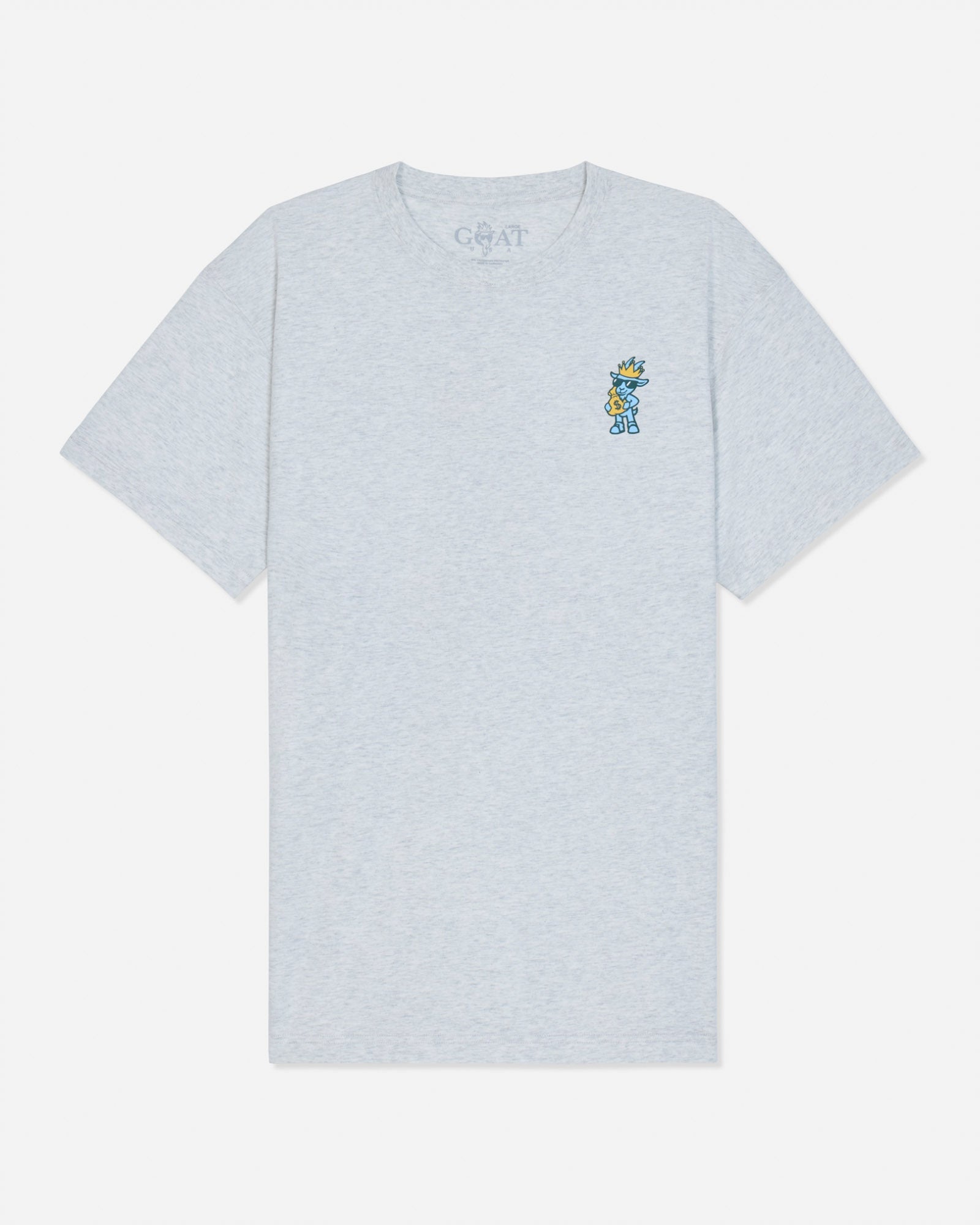 Front of gray t-shirt with goat holding a money bag left-chest grpahic