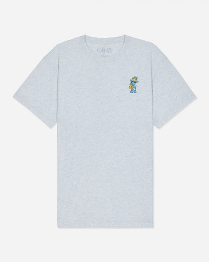 Front of gray t-shirt with goat holding a money bag left-chest grpahic