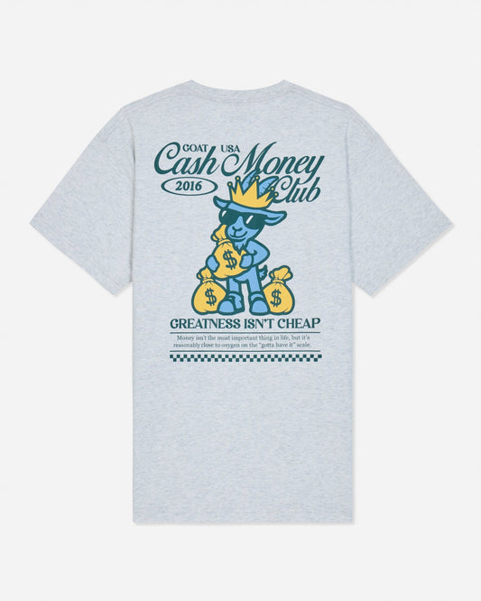 Back of gray t-shirt with goat holding money bags graphic