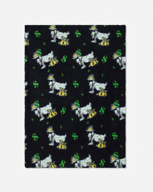 A rectangular black fleece blanket featuring a repeating pattern of white Scottish terriers wearing gold collars and green hats, with green dollar signs.
