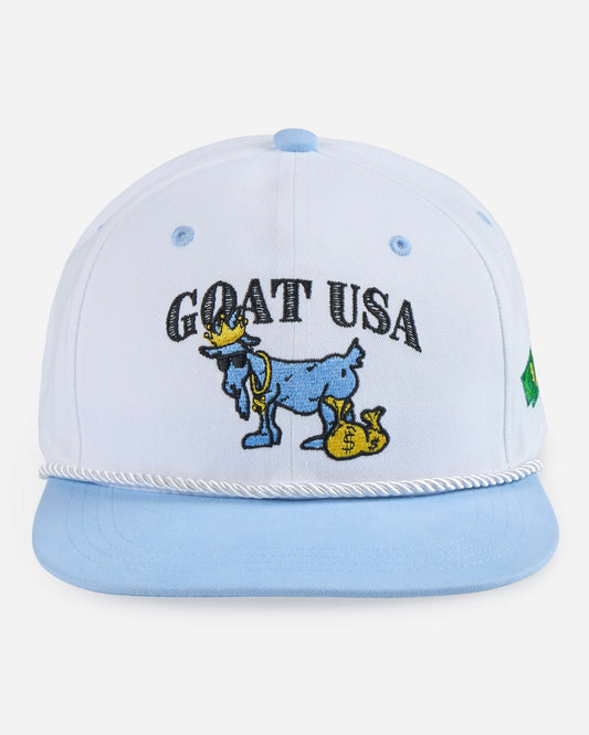 Light blue cap with 'GOAT USA' and cartoon goat design on a white background