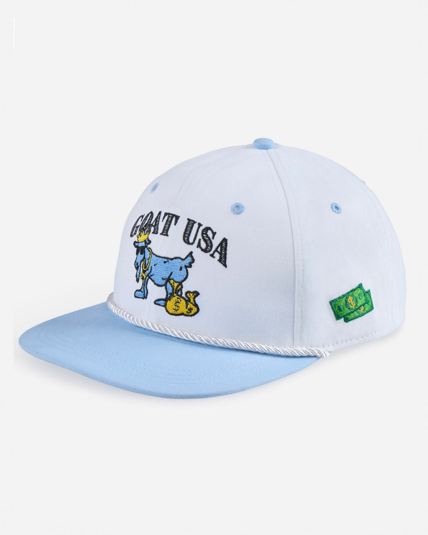 Light blue cap with 'GOAT USA' and graphic designs on a white background