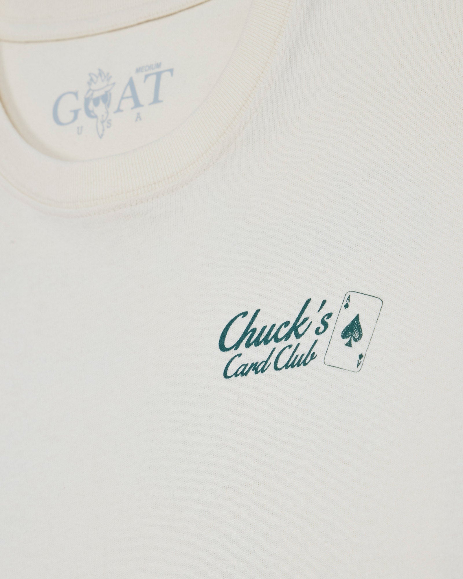 'Chuck's Card Club' left-chest logo on bone t-shirt