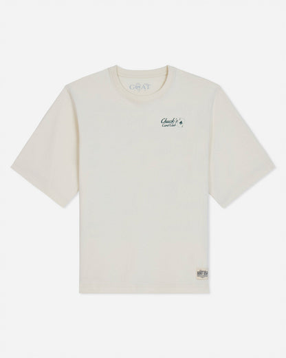 Front of bone t-shirt with 'Chuck's Card Club' left-chest logo