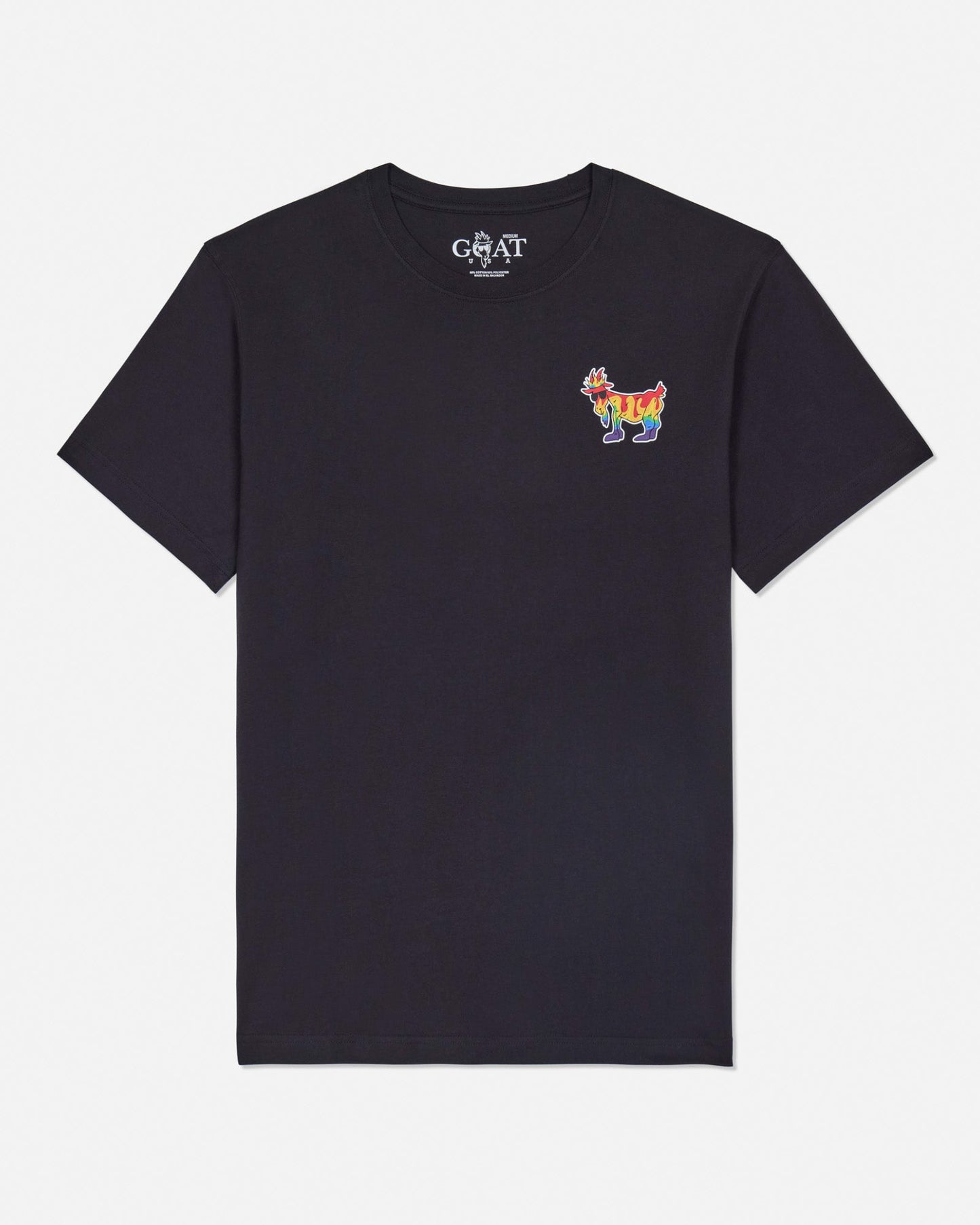 Front of black t-shirt with color burst goat left-chest logo