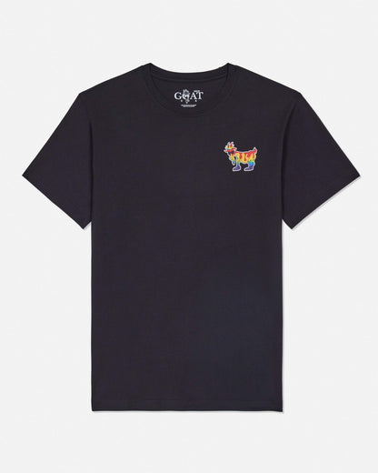 Front of black t-shirt with color burst goat left-chest logo