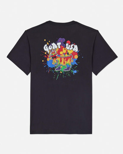 Back of black t-shirt with color burst goat graphic