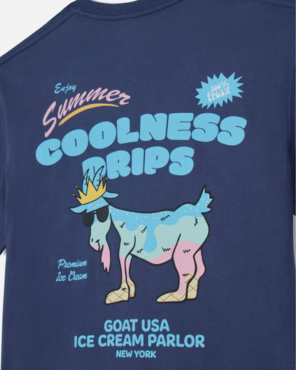 Navy blue t-shirt with a cartoon goat wearing a crown and ice cream, text 'Summer Coolness Drips' and 'Goat USA Ice Cream Parlor New York'.