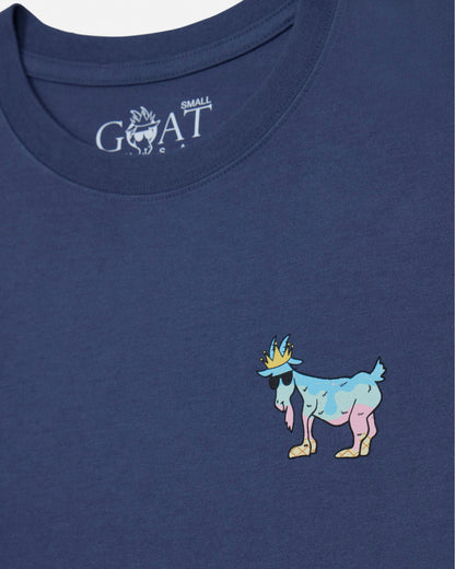 Blue t-shirt with a colorful goat graphic and 'GOAT' logo on a blue background