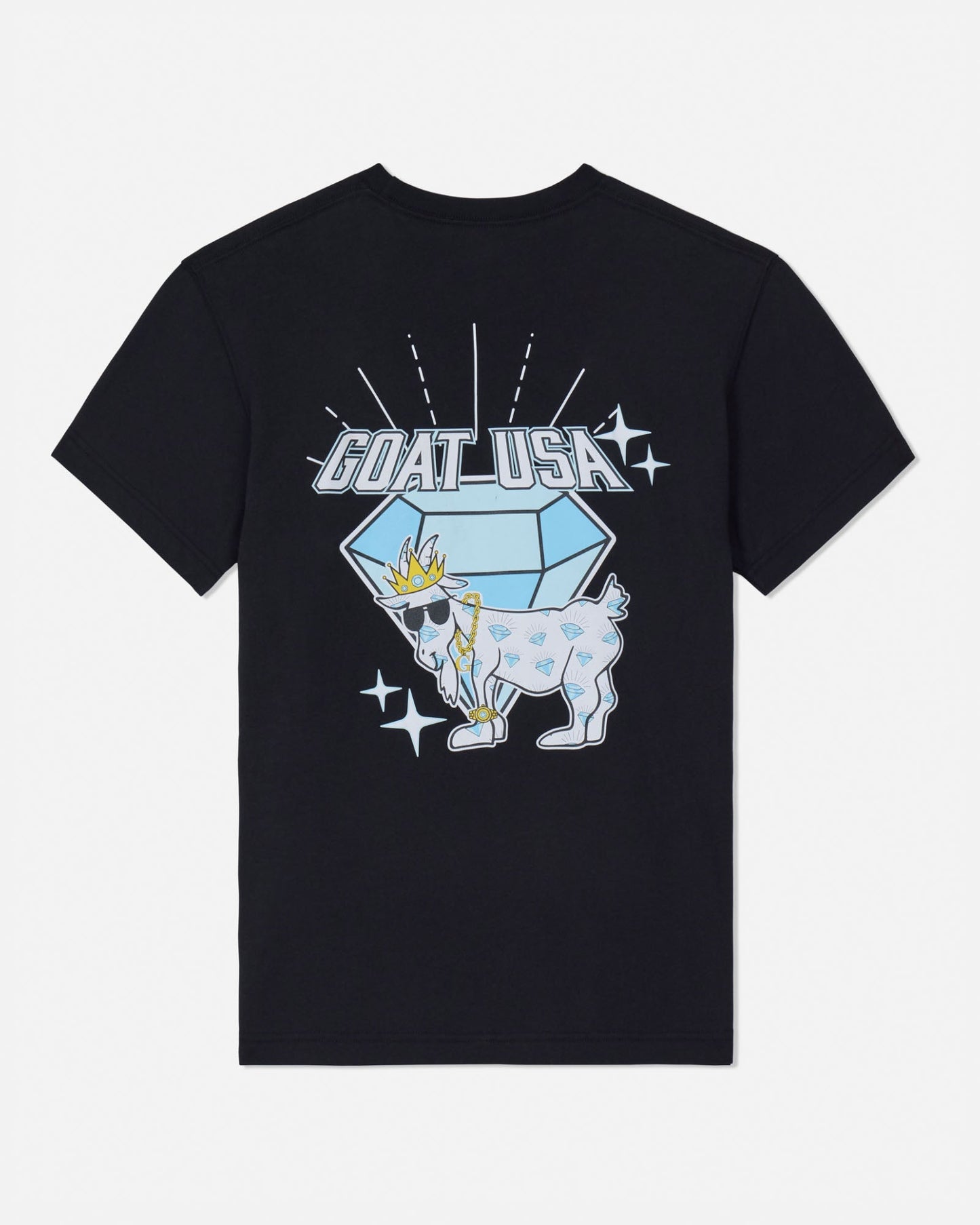 Black t-shirt with a graphic design of a goat wearing a diamond crown and 'GOAT USA' text on a white background.