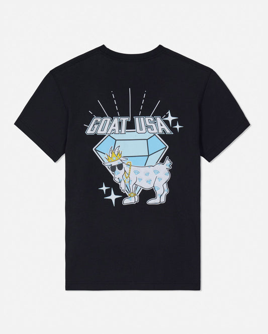 Black t-shirt with a graphic design of a goat wearing a diamond crown and 'GOAT USA' text on a white background.