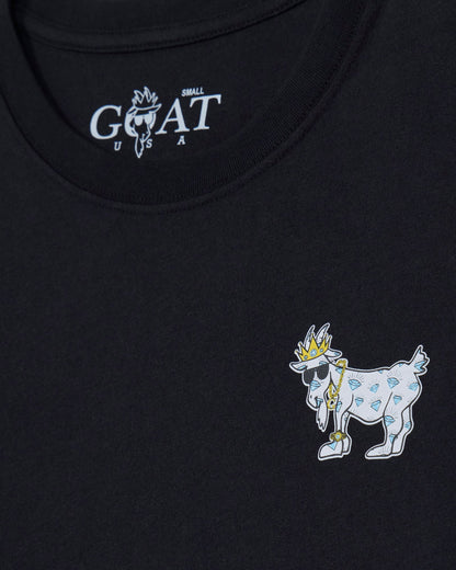 Black t-shirt with embroidered goat design and 'GOAT' logo on a black background