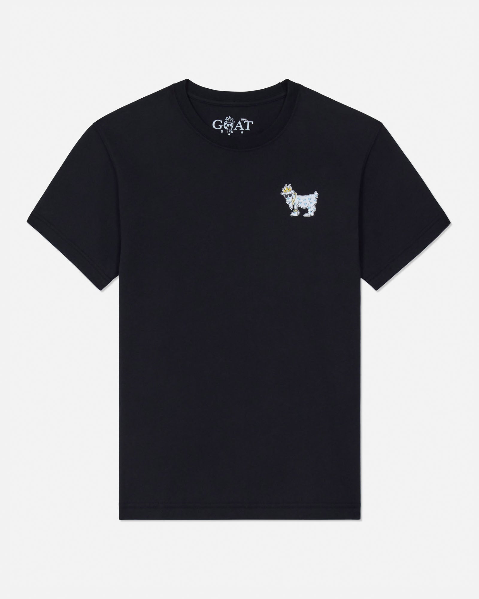 Black t-shirt with a small white goat graphic and 'GOAT' text on a light gray background