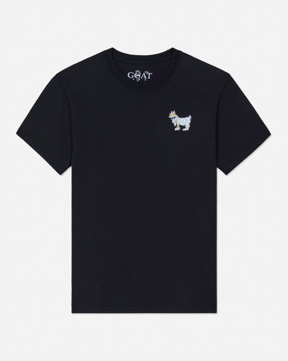 Black t-shirt with a small white goat graphic and 'GOAT' text on a light gray background