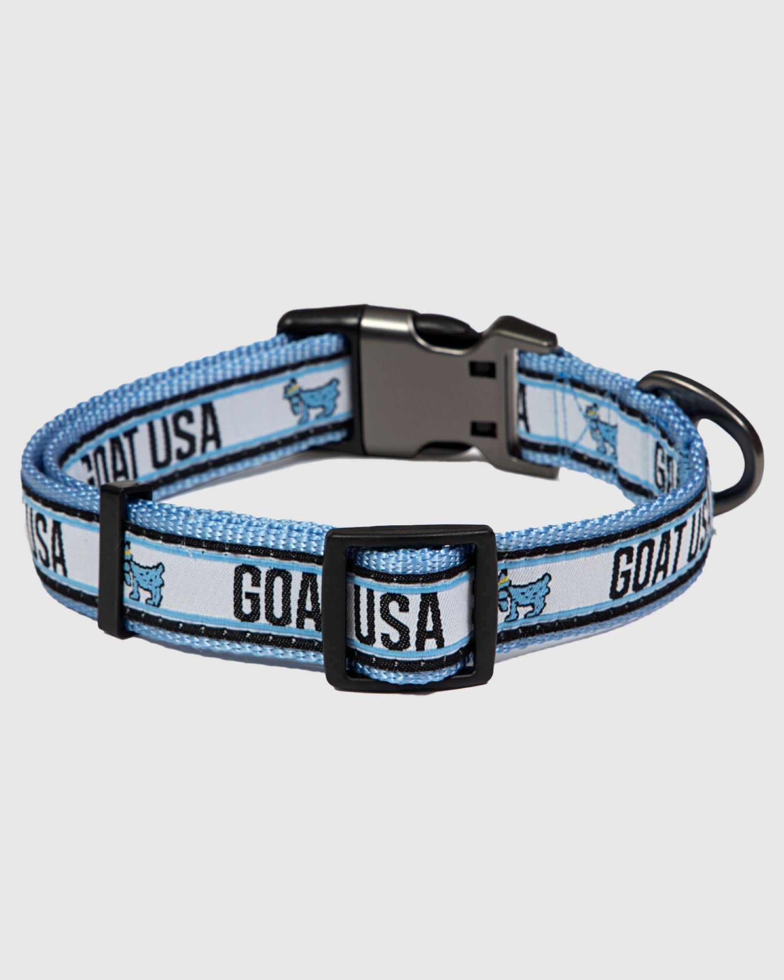 Blue and white dog collar with goats and says GOAT USA