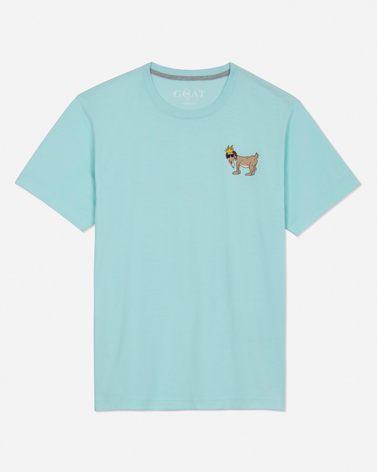 Front of ice blue t-shirt with dog goat left-chest logo